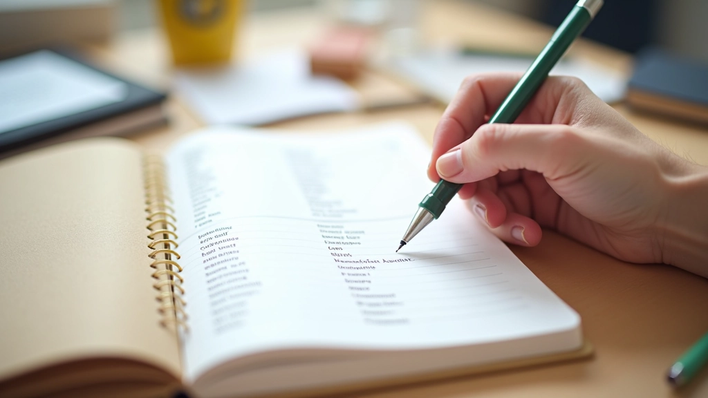 Mão segurando caneta azul sobre caderno com lista de verbos em inglês, ambiente de estudo bem iluminado