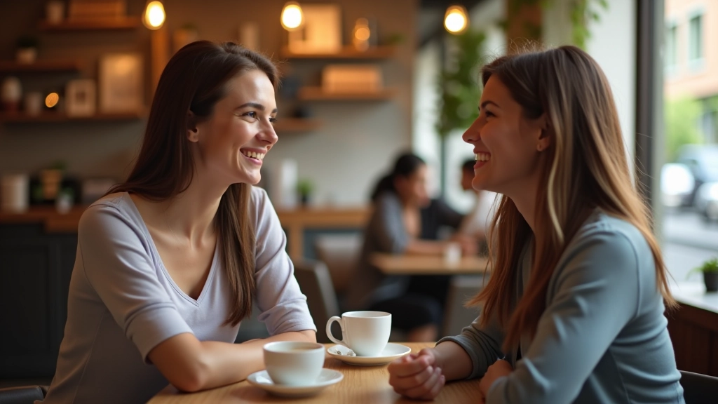Amigos conversando de forma descontraída em um café, com xícaras de café e sorriso genuíno na conversa