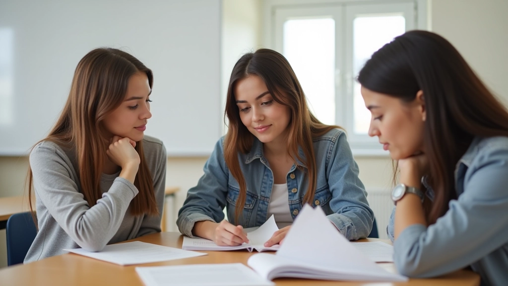 Três estudantes numa sala de aula, sentados juntos a discutir trabalho académico, com quadro branco ao fundo, iluminação clara, enfoque nos rostos e cadernos