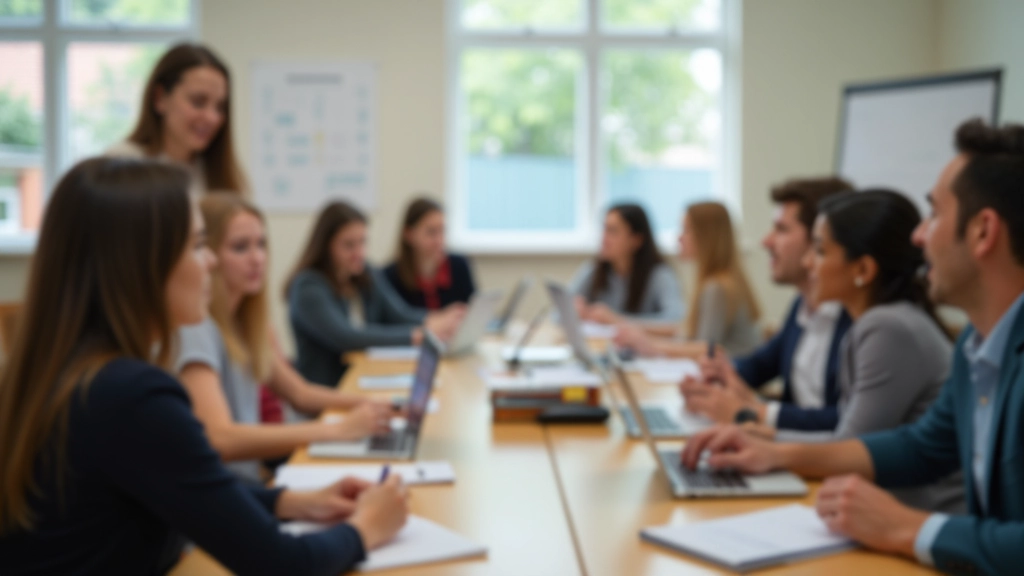 Sala de aula moderna com materiais de aprendizagem de inglês e português