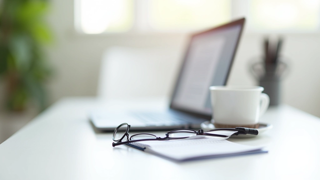 Computador portátil aberto com artigo académico na tela, óculos de leitura e café numa secretária limpa, ambiente de estudo calmo, luz matinal, enfoque nítido