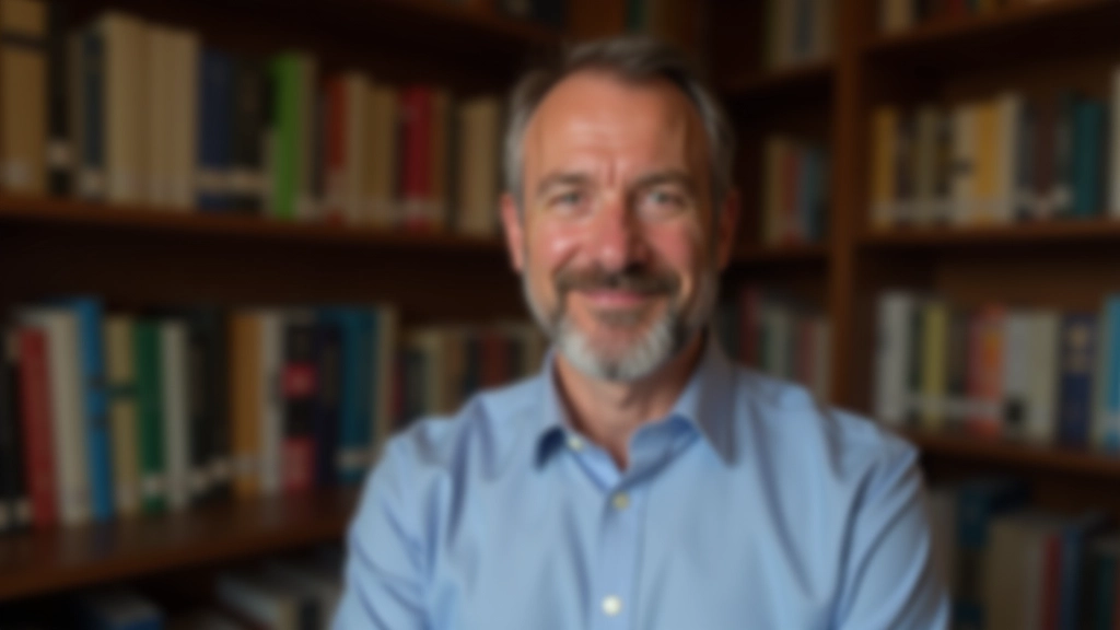 Professor de linguística, homem com expressão pensativa, ambiente de biblioteca com livros ao fundo