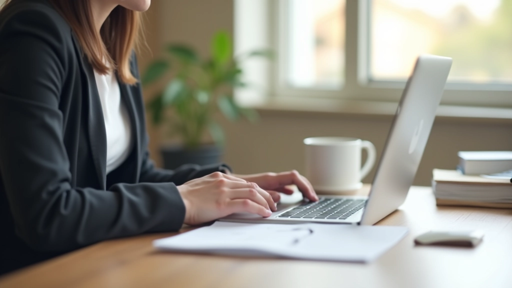 Pessoa digitando e-mail em computador portátil em escritório, foco na tela com conteúdo profissional