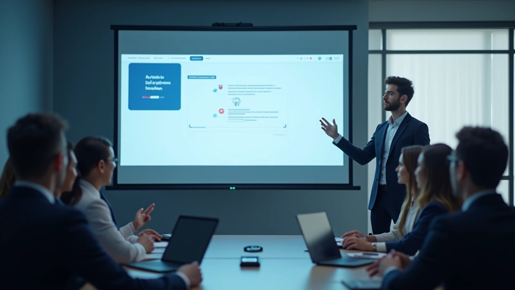 Pessoa apresentando gráficos num monitor grande para audiência de colegas numa sala de conferência moderna