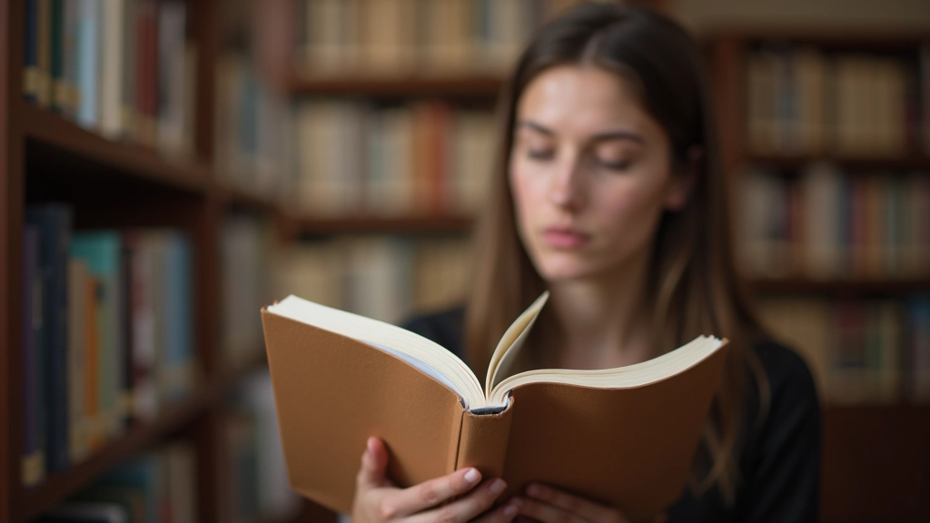 Pessoa lendo um livro em inglês em uma biblioteca, com prateleiras de livros desfocadas ao fundo, enfoque natural