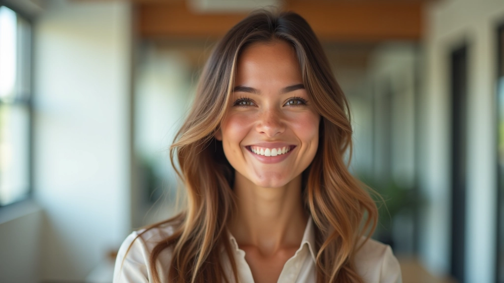 Pessoa sorrindo genuinamente em ambiente iluminado naturalmente, expressão de felicidade tranquila e autêntica