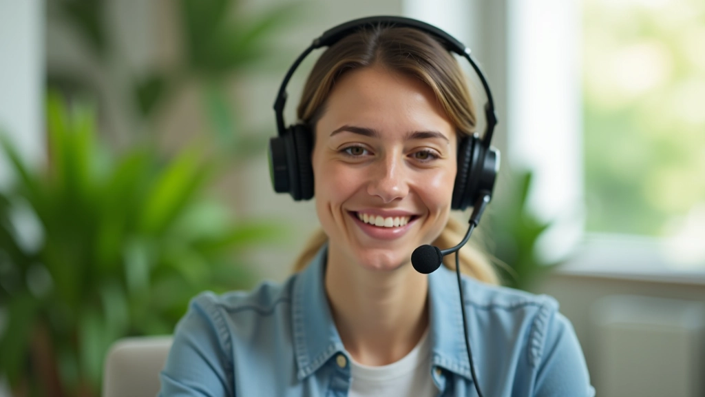 Pessoa em videoconferência profissional, usando auriculares, em um escritório moderno com plantas verdes ao fundo