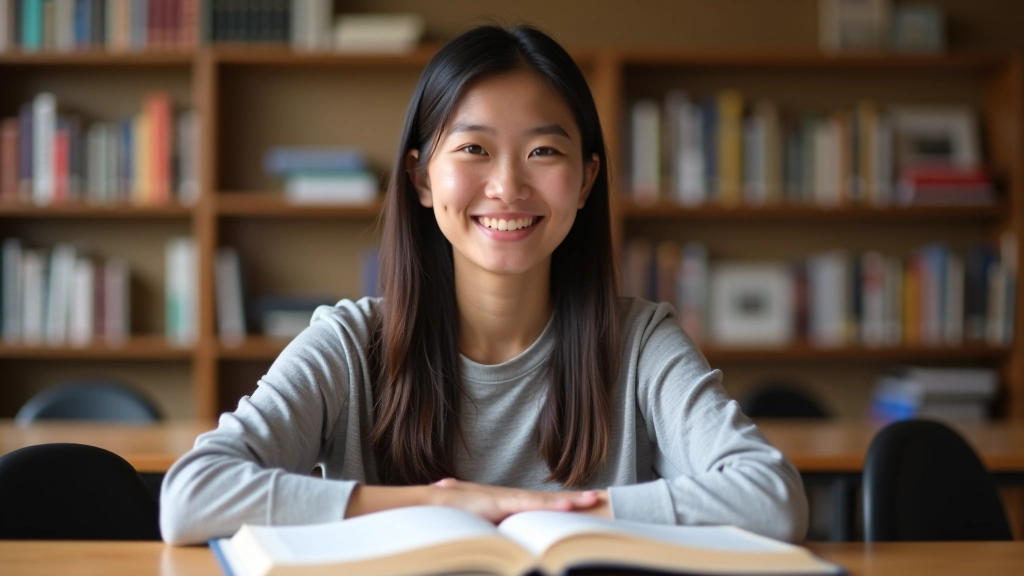 Estudante a trabalhar em redação académica, sentado numa secretária com livros e notas ao lado, biblioteca ao fundo com luz natural, enfoque nítido
