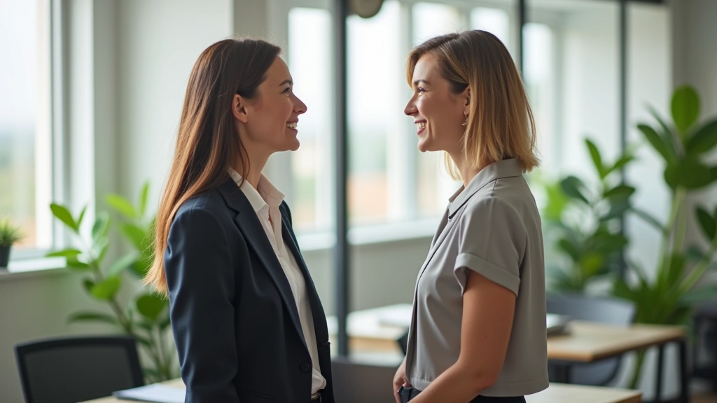 Dois profissionais conversando num escritório com atitude confiante e amigável, corpo relaxado, demonstrando comunicação positiva