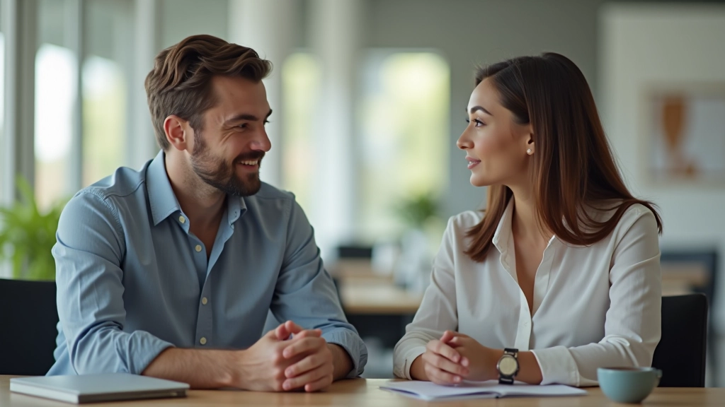 Duas pessoas em conversa séria e atenta, ambiente profissional, expressões concentradas, luz natural clara