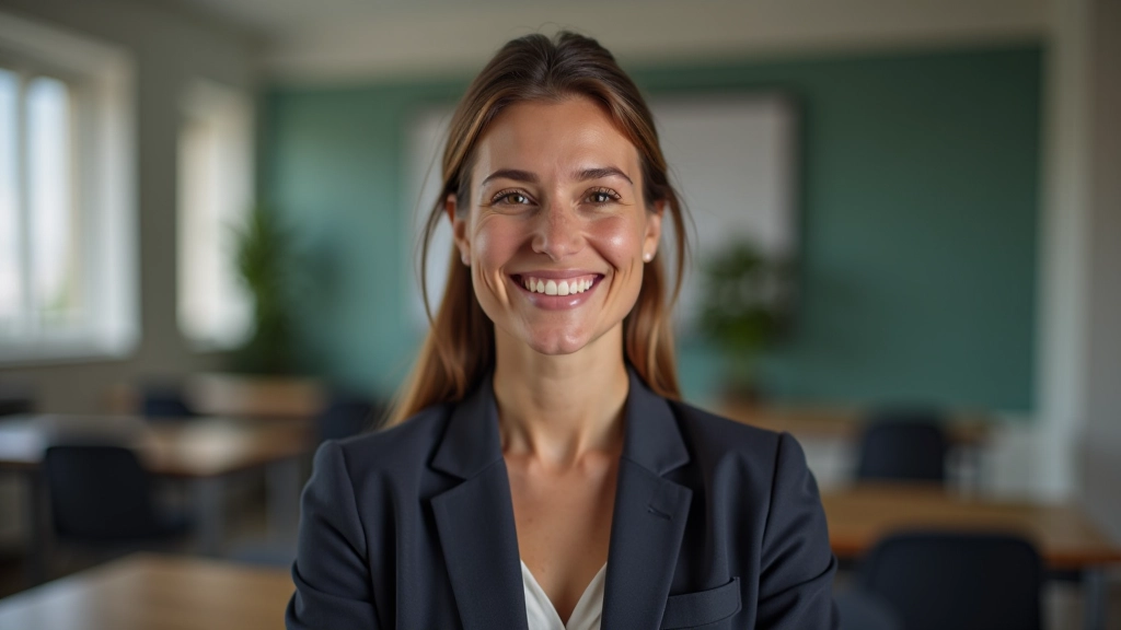 Educadora de inglês, mulher numa sala de aula moderna, sorriso profissional, postura confiante